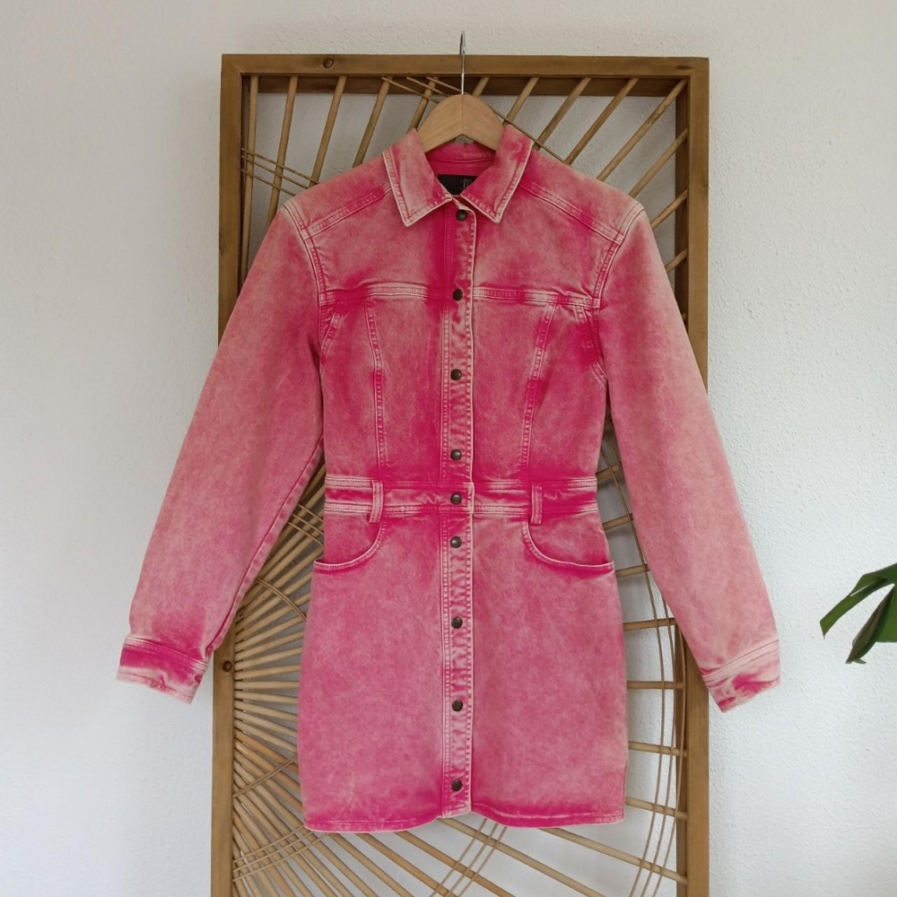 Roberto Cavalli Pink Acid Washed Denim Western Style Long Sleeve Mini Dress - Picture 1 of 13